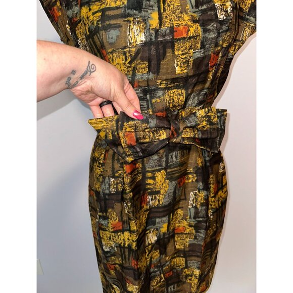 Vtg 60s Brown Orange Abstract Sheath Dress Bow Belted Secretary Womens Size S - Picture 5 of 6